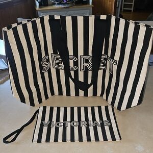 Victoria's Secret Black and White Striped Canvas Tote Bag w/Bonus Cosmetic Bag